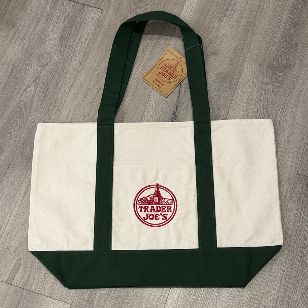 Trader Joe's Canvas Tote Bag Large in Cream and Forest Green Trim NEW